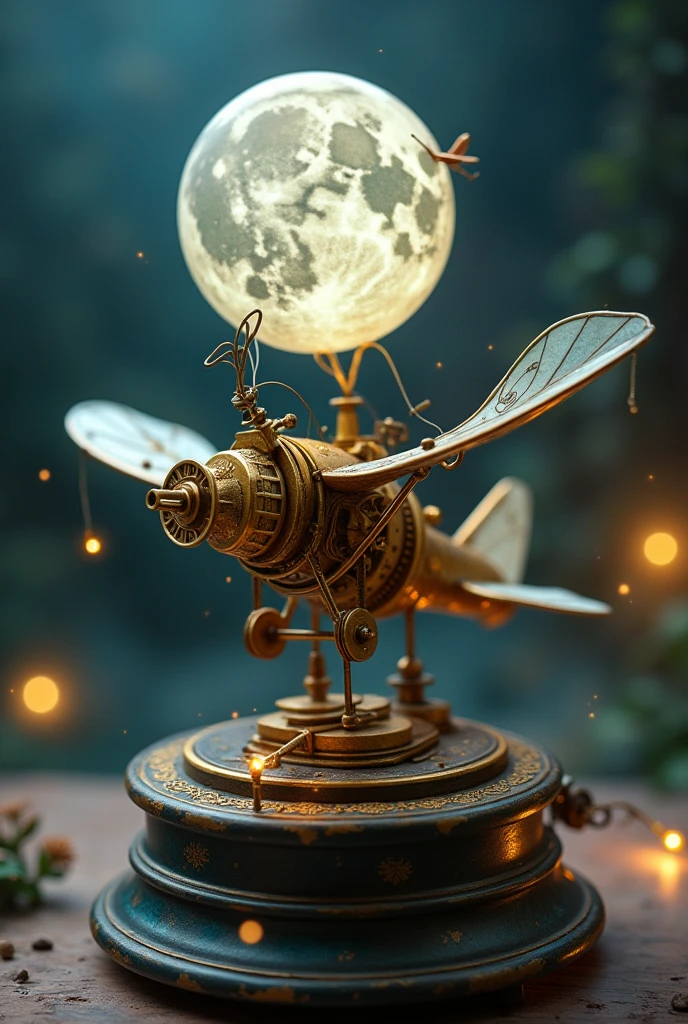 create a toy of the flying machine SCREW with automatic movement that when activated plays a song like the mechanism of a music box and moves the wings at the same time in addition to being related to the BRILLIANT moon
