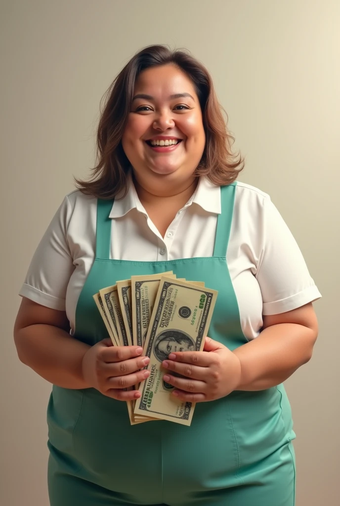 Fat brunette lady in cleaning uniform happy to have many dollars in her hands
