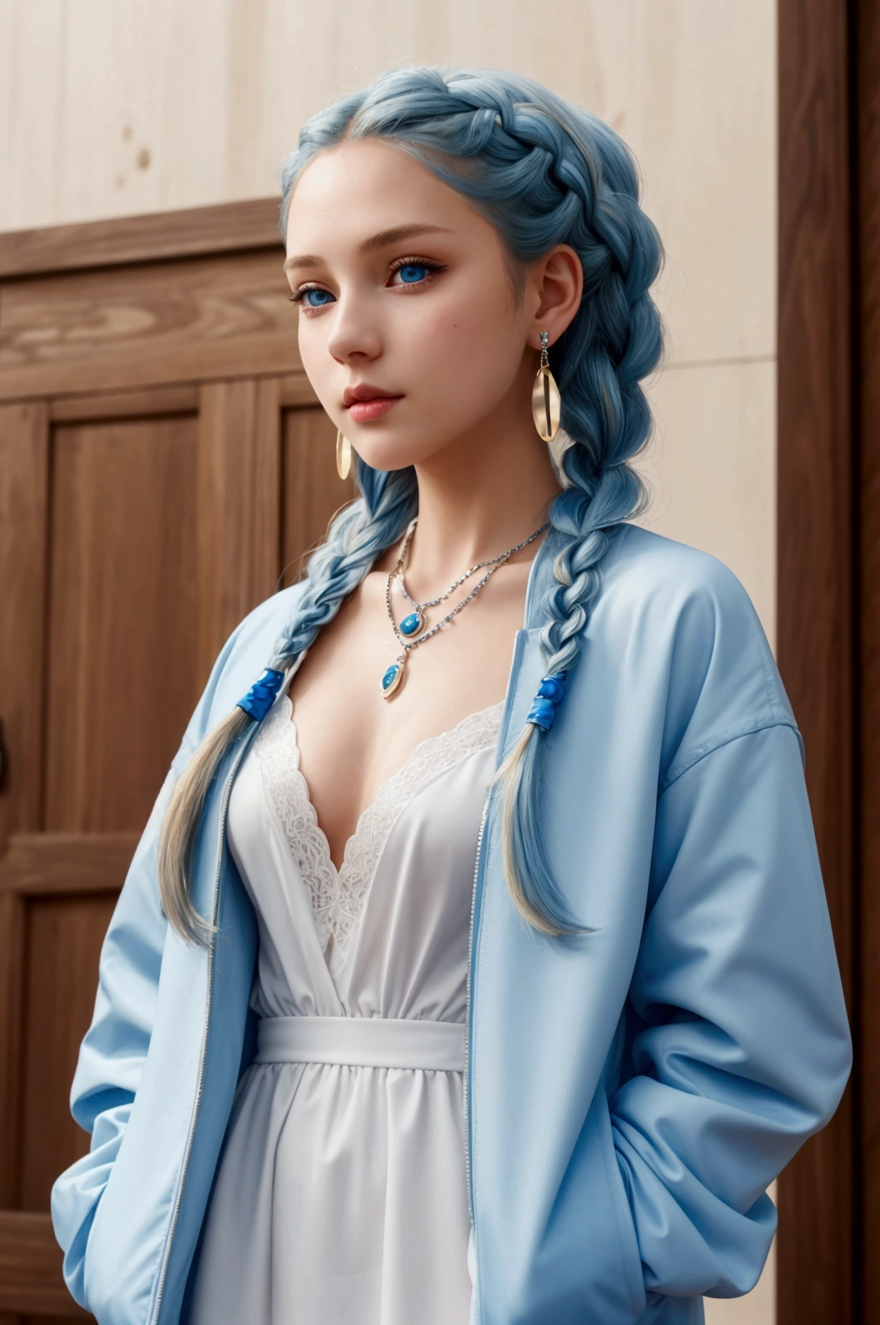 , masterpiece, Highest Quality, Highest Resolution, perfect background, perfect perspective, sharp image, perfect details, perfect lighting, perfect shadows, Perfect lighting, Best background,
Sophia, 1girl, solo, long hair, blue eyes, white dress, jewelry, blue hair, jacket, braid, earrings, necklace, twin braids, lips, blue jacket, modern anime style,