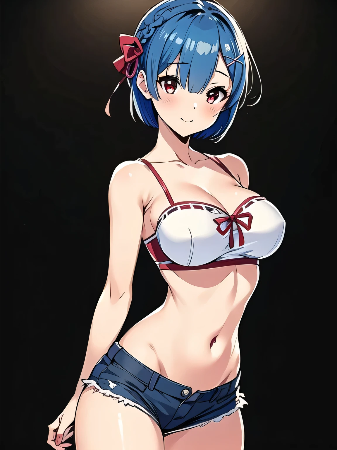 all realistic intricate details, masterpiece, best quality, highres, rem1, 1girl, solo, rem \(re:zero\), blue hair, short hair, red eyes, hair over one eye, ribbon trim, hair ribbon, x hair ornament, frills, crop top white, denim shorts,medium breasts, cleavage, sedection pose , hair flower, outdoor, standing, smile, perfect background, perfect light