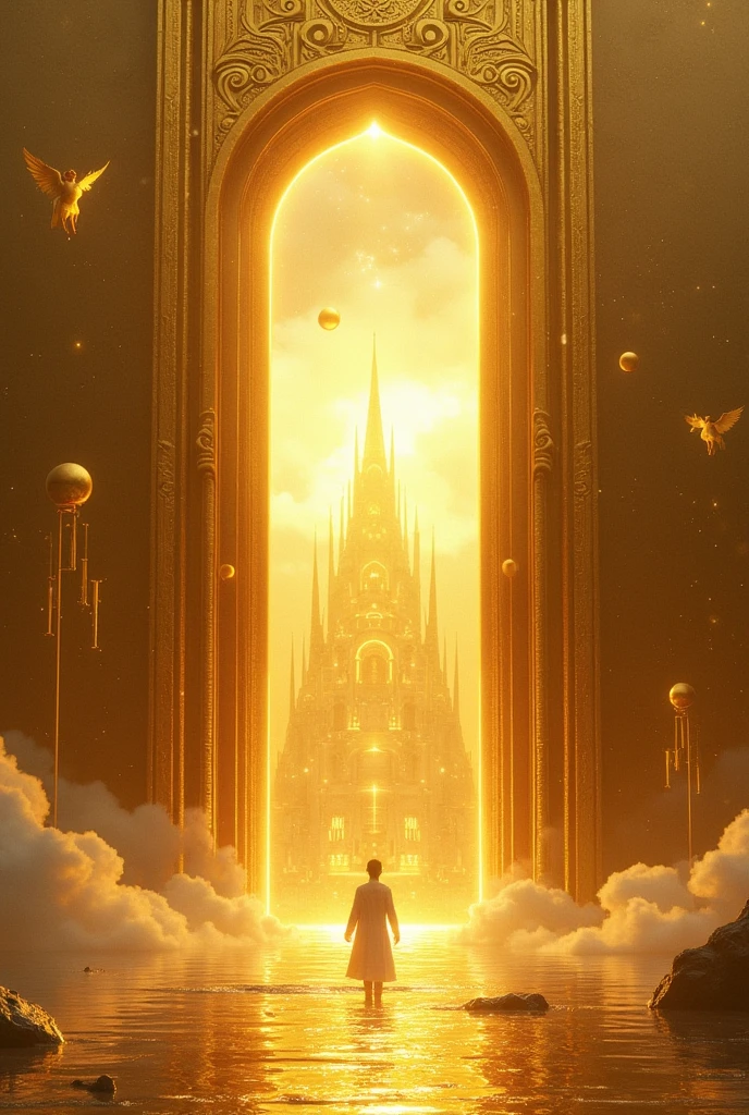 Great golden wall with high gates in the shape of a shining pearl, Golden City behind the Great Wall with lots of light, around the space with planets and angels of light flying