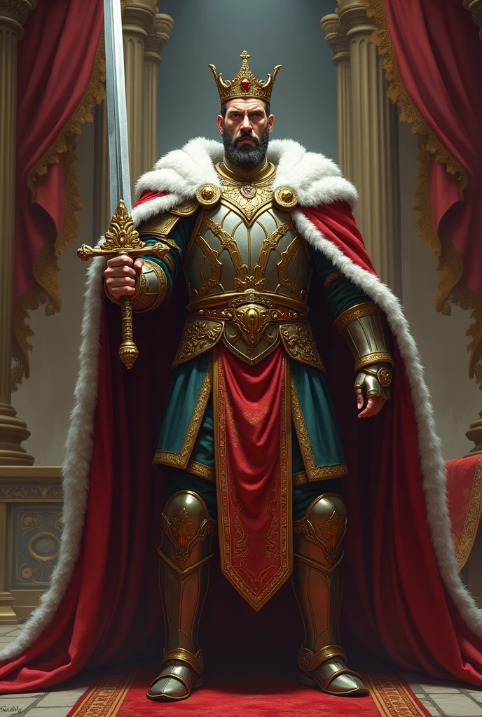 A strong and illustrious king with a sword