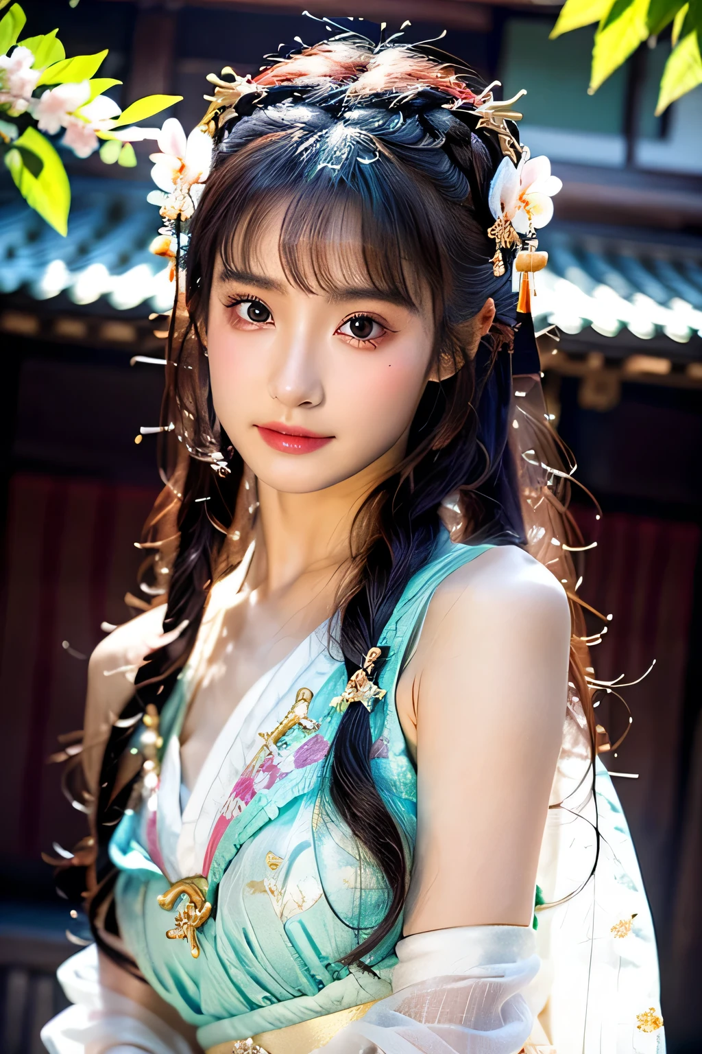 (masterpiece,best quality:1.4),(8k,raw photo,photo realistic:1.2),shiny skin,detailed skin,detailed face,detailed eyes,1girl,Japanese idol,beautiful face,(Shining Eyes:1.3),Gentle calm eyes、Symmetrical eyes、Fairy、Mysterious sheer lace outfit、Great background、Great location、Outstanding proportions、Mysterious and sexy face、Chinese fantasy historical drama、Peach blossoms bloom in Kamiyama,Shangri-La