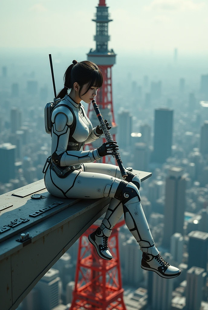 photo-realistic, ultra-realistic, very beautiful Japanese futuristic soldier, boyish girl, extremely muscular, famous Japanese idol, 25 years old, dramatic scene, masterpiece, beautiful eyes, playing the clarinet at the top of the Tokyo tower, skyscrapers, cyber punk mecha armor suits, dynamic pose, dynamic angle, sitting on the dangerous thin edge
