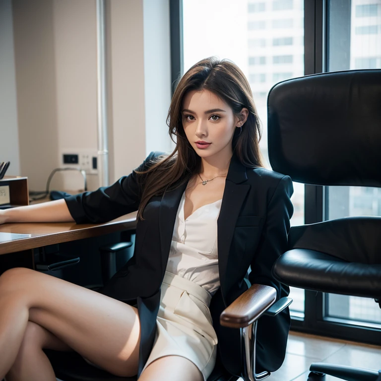 1 girl sitting on an office chair,,(European Model:1.3),31 years old,Exquisite,Business women's clothing,(jacket:1.1),(shirt:1.1),(Wrap Dress:1.1),Jewelry,knitwear,stocking,black,Goosebumps,goose,(Honesty:1.3),Filigree,quality,(masterpiece:1.2),(Honesty:1.2),(Best quality),(Skin detailed:1.3),(Intricate details),drama,Ray Tracing,Light Solution,Bathed in shadows,Visual novel,Boss's office in a skyscraper,Windows with city views,Film Grain,Depth of Field