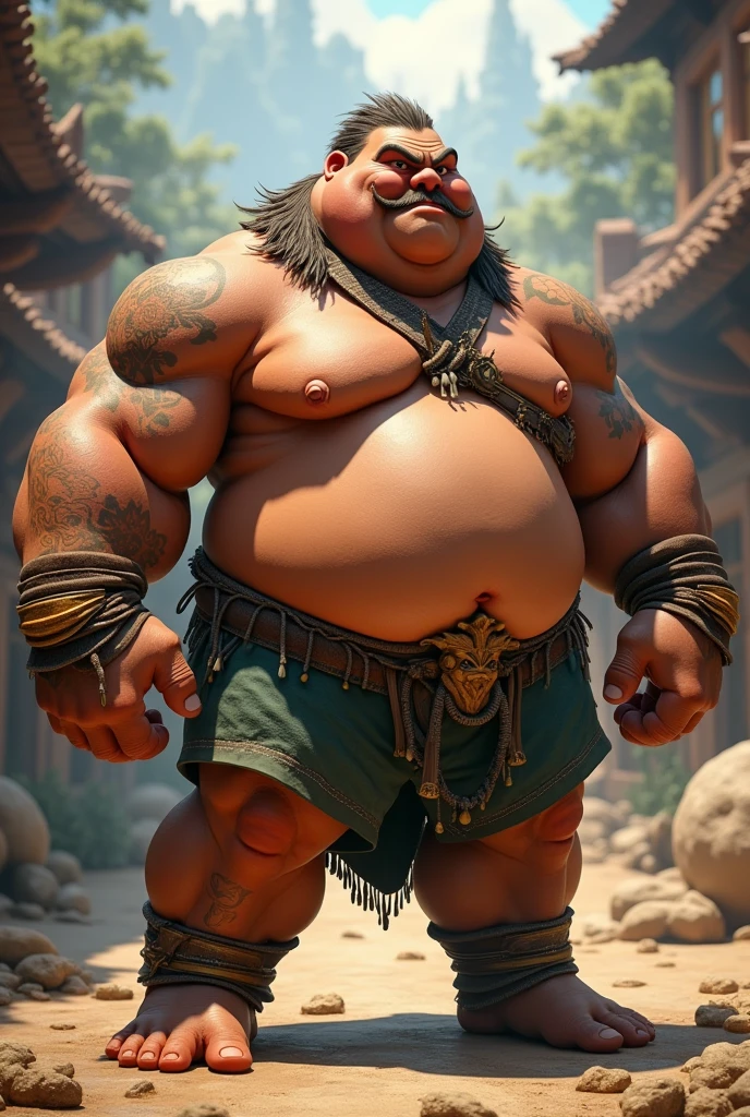 Zootopia Kid Juggernaut Protagonist Character Desing Zootopia Black Myth Wukong Adventure Journey stories, Teen Character Obese sports leotard Zootopia, Dungeons and Dragons style, He is Obese and muscular character weight gainer, He is a member of a tribe of magical creatures who are trained for battle, developing their bodies to grow their muscles, their bodies and fatten them up to create a robust and strong warrior. disney art style, semirealistic, huge muscular and fat sumo wrester, old man wearing shorts, shirtless, topless