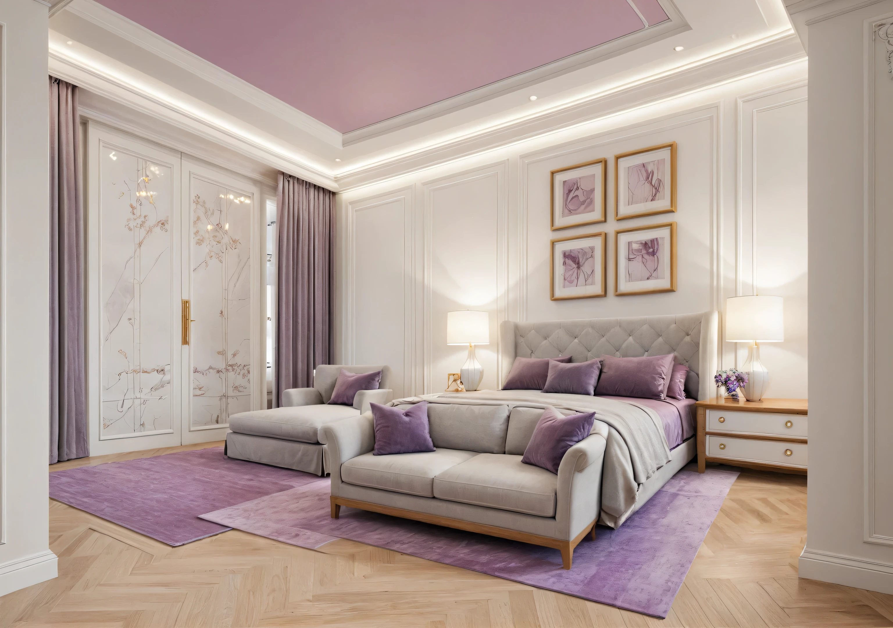 Neoclassical livingroom interior, white tone, wooden floor, gray carpet, ceiling light, light purple sofa and flower, picture, white curtain on the left, (picture:1.1), marble wall, many moldings, wall lamp,window, natural light