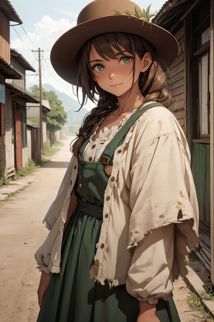 Close up on a young woman standing on a dirt road in a small and rural town. She has short, messy, mousy brown hair and green eyes and tan skin. She is short but looks tough and strong, like a person who works hard. Despite her youth her hard life of poverty has made her scarred and weathered from years of hard work. She has crooked teeth and a big, slightly crooked, smile. She is wearing simple and practical clothing of a poor, working class woman from the 19th century. Her face and clothes are slightly dirty and her clothes are patched and torn. Young + poor + dirty + friendly + happy + strong + scars + messy, dirty, torn, and patched clothes + simple and cheap clothes + practical clothing + short, dull, and messy, mousy brown hair + green eyes. Early modern setting, 19th century, no advanced technology, clothing or items.