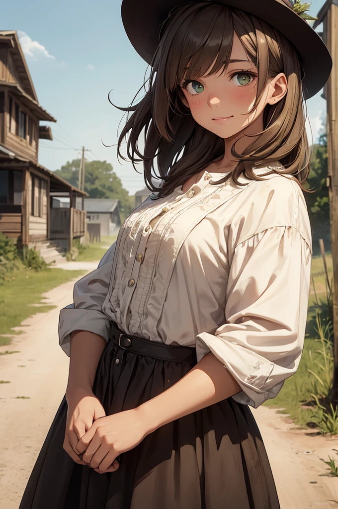Close up on a young woman standing on a dirt road in a small and rural town. She has short, messy, mousy brown hair and green eyes and tan skin. She is short but looks tough and strong, like a person who works hard. Despite her youth her hard life of poverty has made her scarred and weathered from years of hard work. She has crooked teeth and a big, slightly crooked, smile. She is wearing simple and practical clothing of a poor, working class woman from the 19th century. Her face and clothes are slightly dirty and her clothes are patched and torn. Young + poor + dirty + friendly + happy + strong + scars + messy, dirty, torn, and patched clothes + simple and cheap clothes + practical clothing + short, dull, and messy, mousy brown hair + green eyes. Early modern setting, 19th century, no advanced technology, clothing or items.