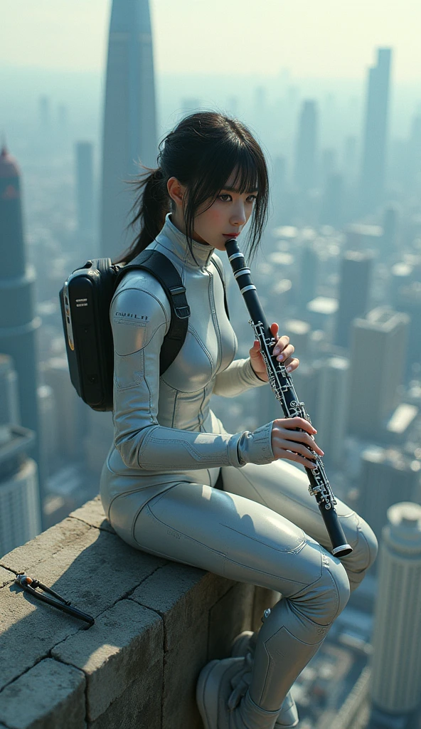 photo-realistic, ultra-realistic, very beautiful Japanese futuristic soldier, boyish girl, extremely muscular, famous Japanese idol, 25 years old, dramatic scene, masterpiece, beautiful eyes, playing the clarinet at the top of the Tokyo tower, skyscrapers, cyber punk mecha armor suits, dynamic pose, dynamic angle, sitting on the dangerous thin edge