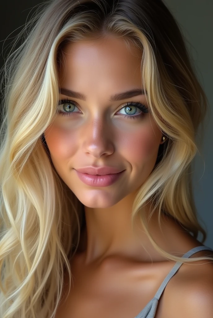 The image shows a young and beautiful woman with long blonde hair., Wavy, that falls over her shoulders in soft waves. Her face is framed by her hair, and his eyes are a deep blue, with long eyelashes that highlight her look.
Your skin has a healthy tan tone, and stands out for being impeccable and smooth. Her lips are full and pink, and they curve into a slightly shy smile, which gives it an air of mystery and sweetness.
Her nose is straight and delicate., and her cheekbones are high and pronounced, which gives her a face with very feminine features. His eyes are slightly tilted upwards, which gives it a look of innocence and intensity at the same time.