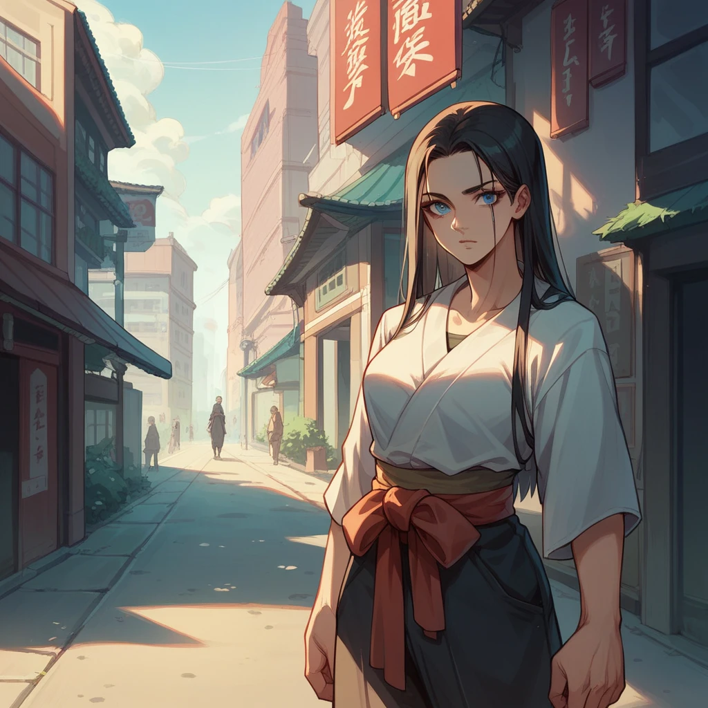 *One guy (tall), long hair tied in a samurai bun, thin, somewhat athletic, outdoors, street, city, ???? pose, black hair, blue eyes, delicate, naughty, exhibitionist,