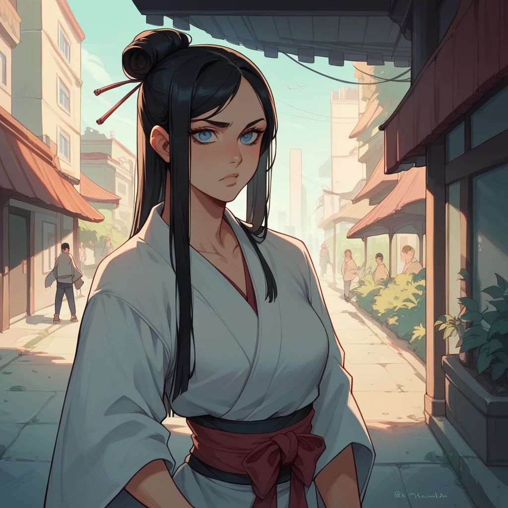 *One guy (tall), long hair tied in a samurai bun, thin, somewhat athletic, outdoors, street, city, sexy pose, black hair, blue eyes, delicate, naughty, exhibitionist,