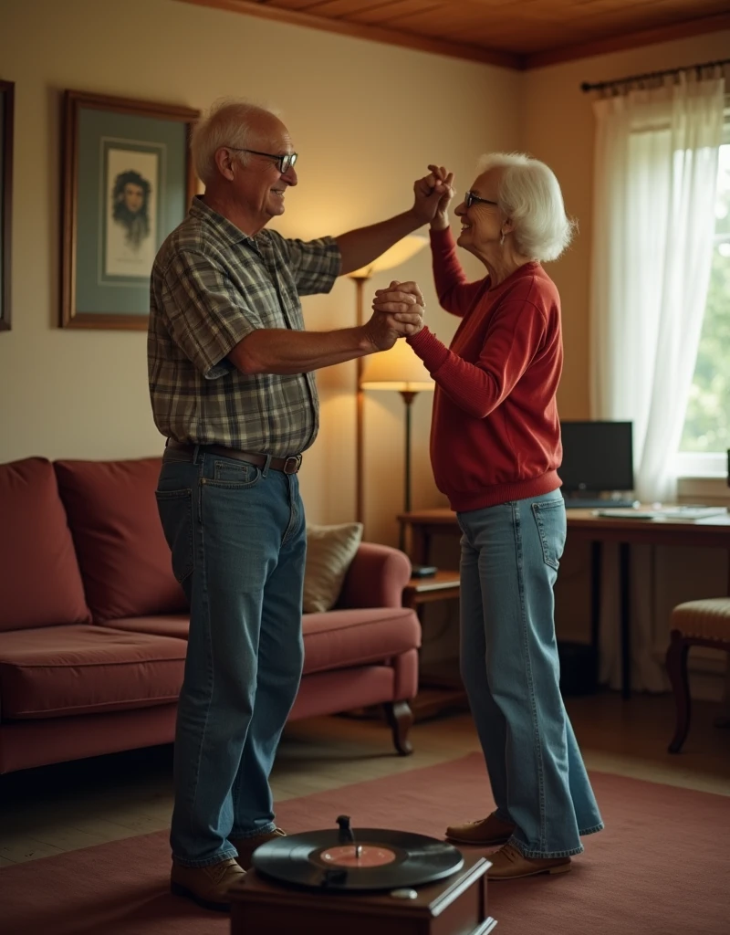 An elderly couple dances slowly in their living room, a favorite old song playing on a crackling record player. Their movements are slow but full of love, their smiles reflecting decades of shared memories.