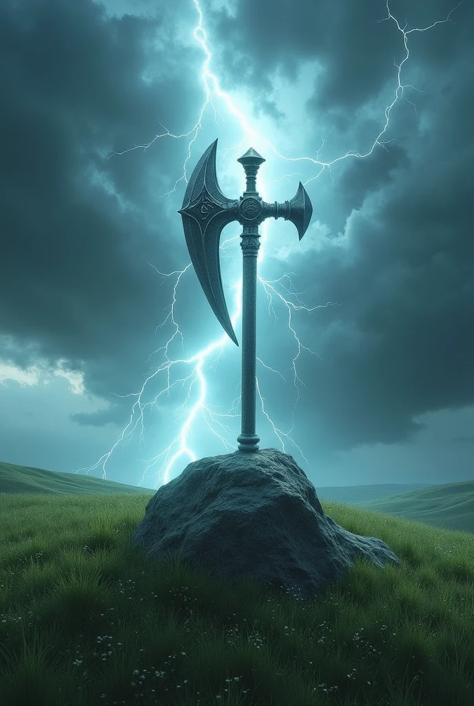 masterpiece、Highest quality、Very detailed、Ultra-high resolution、grassland、thunderstorm、Halberd stuck in rock、A shining aura of lightning