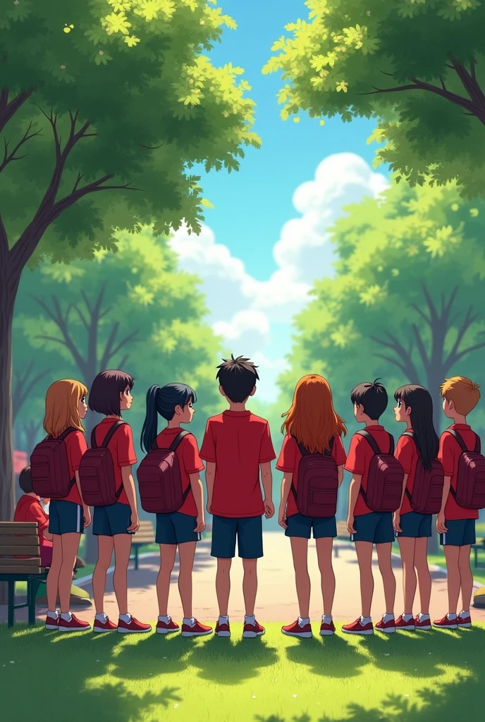 Group of students in a park waiting for their bus with the same red shirt for everyone