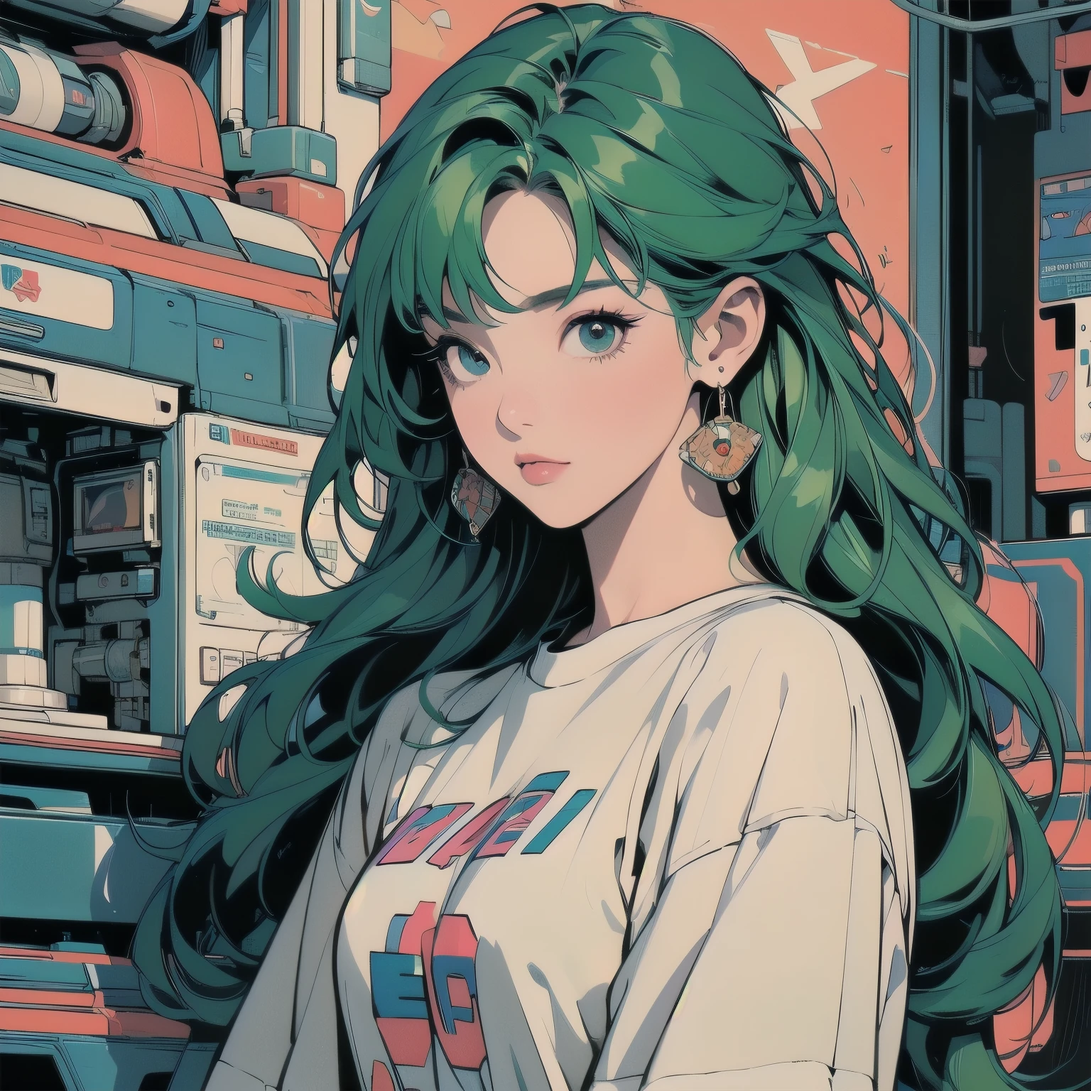(((masterpiece, Highest quality)))、(((32K Wallpapers)))、The most detailed machine、(((The most complete and detailed colorful futuristic machine and woman)))、The most detailed background、(((Flat Chest)))、(((Many complex, Sophisticated, Futuristic machine)))、head shot,((((More Angles))))、((Overall colorful))、A perfect machine、(((Perfect Face)))、(((The most perfect machine of the future)))、Detailed Hair、Trigun、Short sleeve white T-shirt、Green Hair