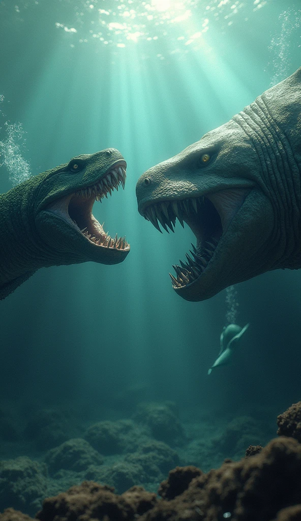 hyper realistic Titanoboa vs megalodon shark bettle face to face