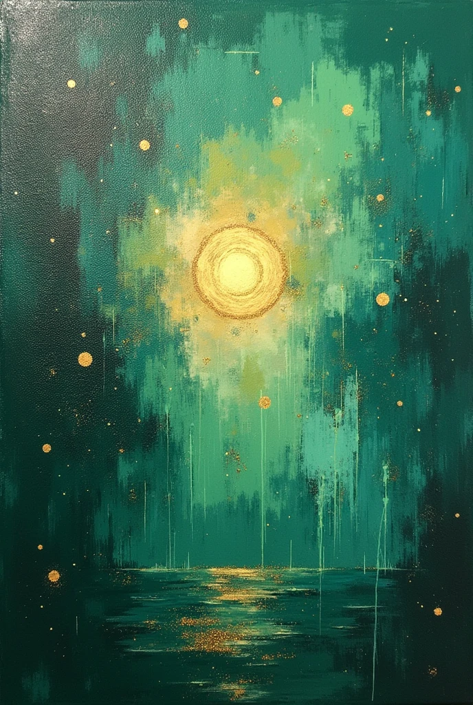 crea una Image abstracta con estilo de pintura en lienzo que englobe la cultura, until, design, untilsanía, Image, artist, obra y público que también refleje la innovación en el until moderno y clásico, Add glitter and star details, Mediterranean type but futuristic without faces and galaxy type uses green tones and looks like clay texture, does not include people