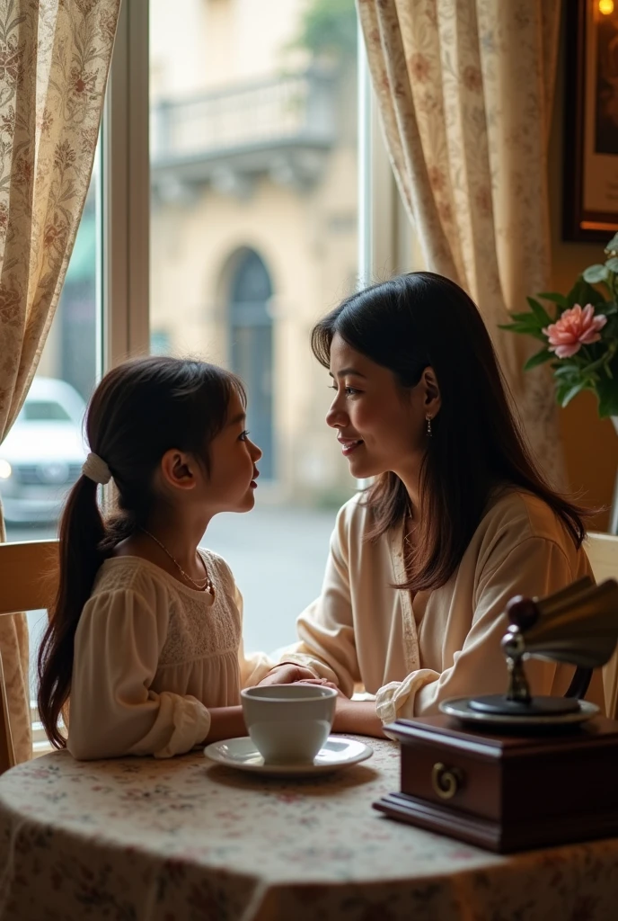 Photography of a 25 year old Indonesian woman with shoulder length hair,sitting with a 10 year old girl with a beautiful and romantic cafe in Europe in the background