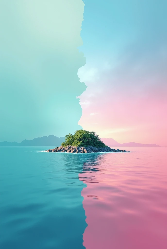 Flag with turquoise color and the other half pastel pink and in the center an island as if it were a country