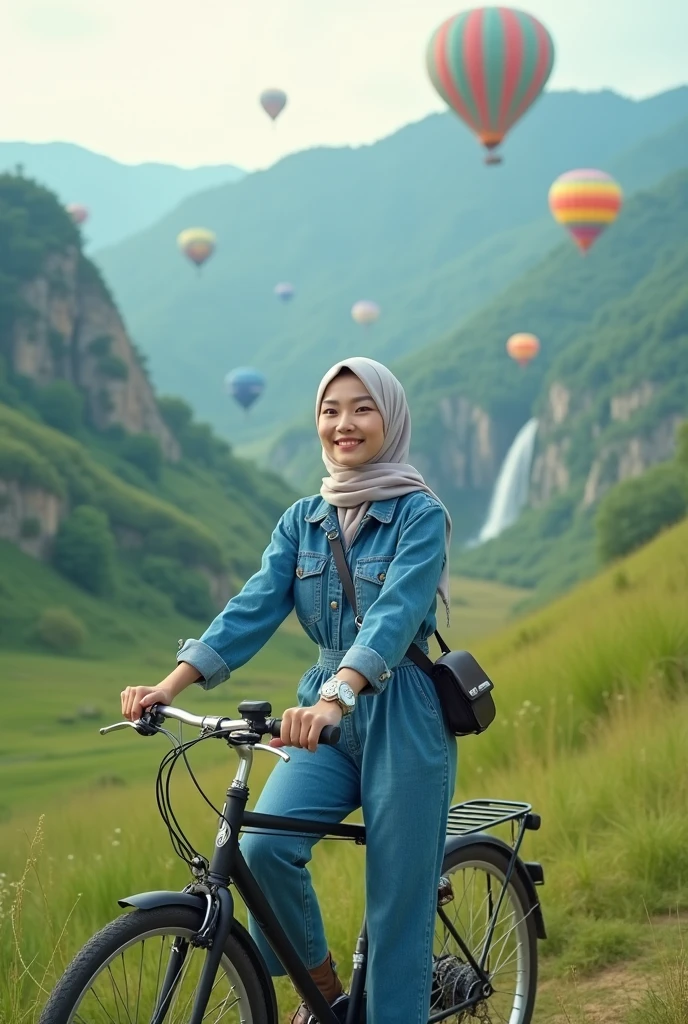 Beautiful Korean woman with white skin, clean and smooth, wearing a hijab, wearing a jeans jumpsuit, boots, wearing a bag, wearing a watch, riding a bicycle with a backdrop of mountain meadows, waterfalls, hot air balloons, original photo