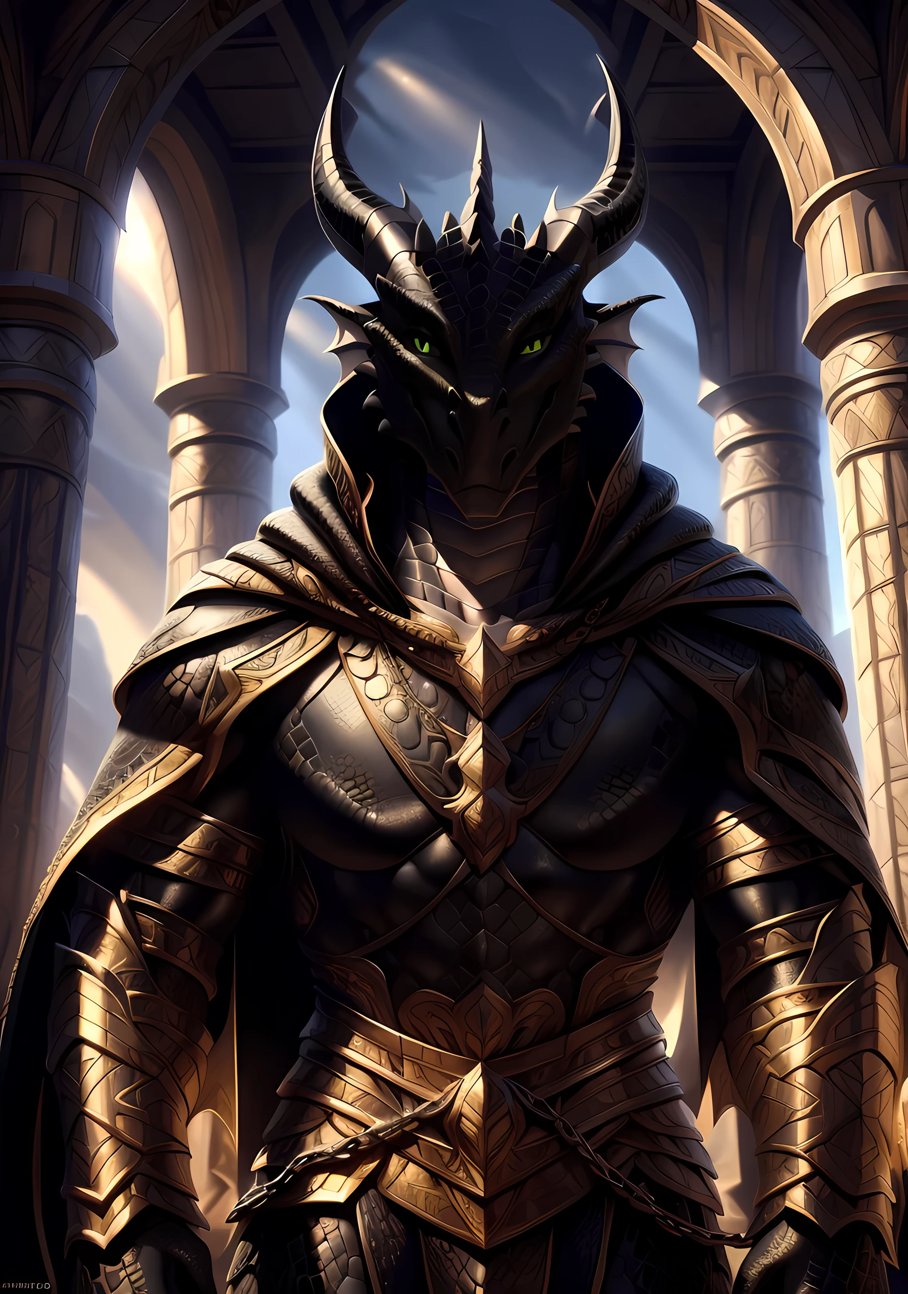 Realistic, detailed, beautiful, masterpiece, HDR, castle interior background, fantasy setting, king, ((gold armor, gold breast plate, chain mail, gold pauldrons, gold greaves, gold leg armor, wearing gold armor, black robes, black cloak, wearing black robes and cloak)) dragon, anthro, male, male body, black skin, (black scales:1.9), (two long thin horns:1.3), green eyes, detailed eyes, perfectly shaped body, confident majestic pose, finger black claws, masculine facial features, seductive gaze, neutral facial expression, black pointed ears, standing tall, out doors, daytime, close-up, portrait, face focus,
(detailed Bonifasko lighting), (detailed scales), (detailed skin), (male dragonborn), BREAK, ((long flowing tail)), ((facing viewer)), (cinematic lighting), ((detailed background)), ((portrait view)), (((close-up))), (good lighting), [backlighting], [crepuscular ray], [detailed ambient light], [gray natural lighting], [ambient light on the belly], (higher wildlife feral detail), [explict content], [sharp focus], (questionable content), (shaded), ((masterpiece)), furry dragonborn, reptilian face, furry Fantasy Art, furry Art, Commission for High Res, anthro Art, POV furry Art,Sakimichan beautiful, masterpiece, best quality, detailed image, bright colors, detailed face, perfect lighting, perfect shadows, perfect eyes, green eyes, flawless face, face focus, (masterpiece:1.21), (best quality:1.2), (illustration:1.2), (cinematic lighting:1.3), detailed scales, balanced coloring, global illumination, ray tracing, good lighting, scales, anthro, well lit 