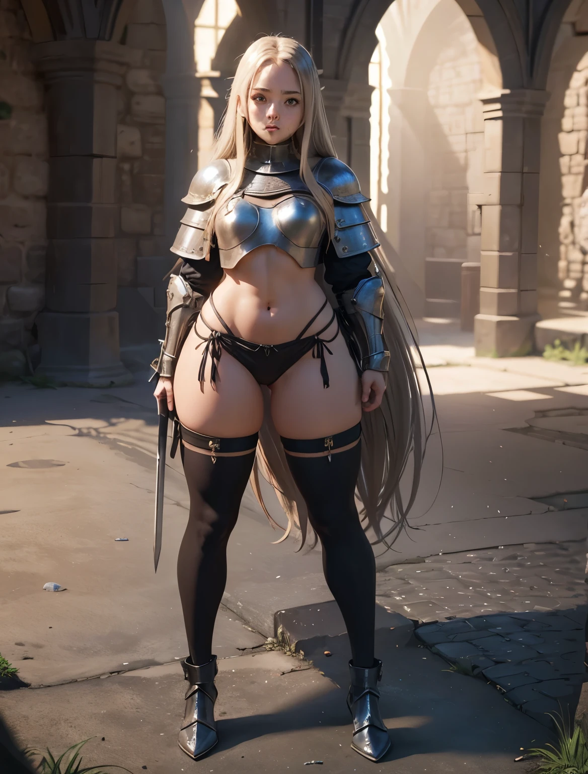 Ultra realistic, ten_girl, long hair, medieval knight armor, thick_body, flat_chest, black_panties, garterbelt, long socks, menacing_face, slim_waist, thick_thighs, large_hips, dungeon