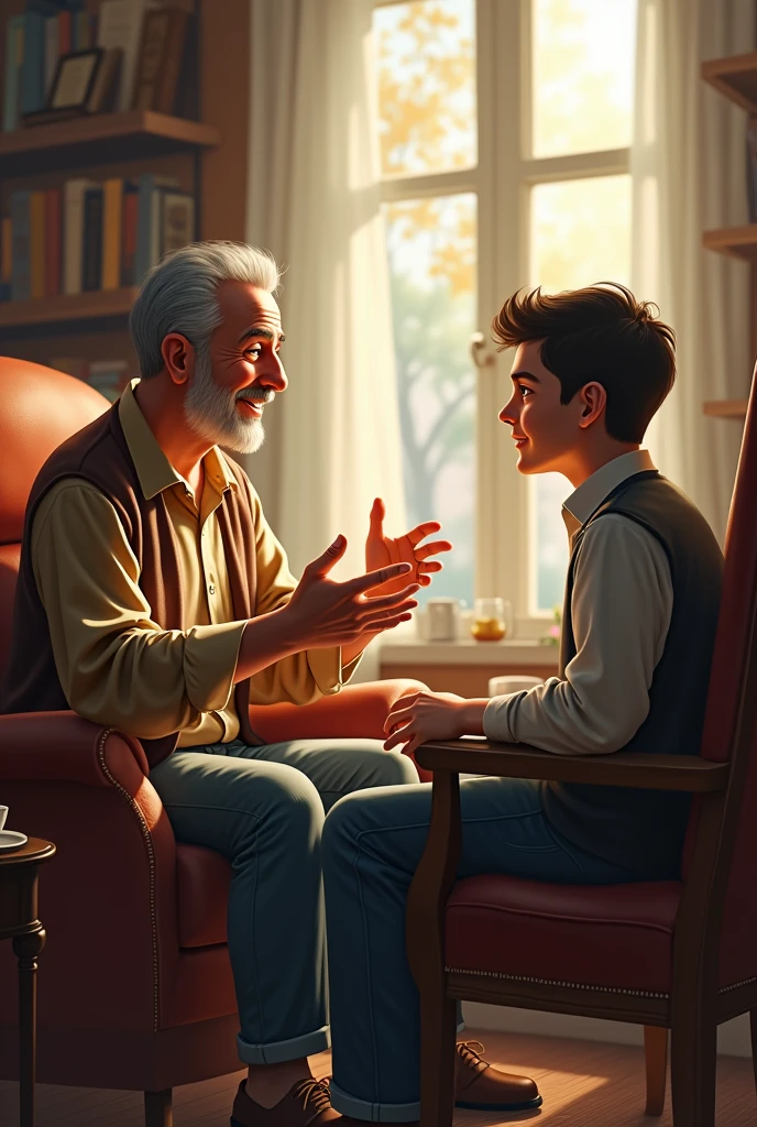 picture of a 44-year-old father telling a story to his 22-year-old son