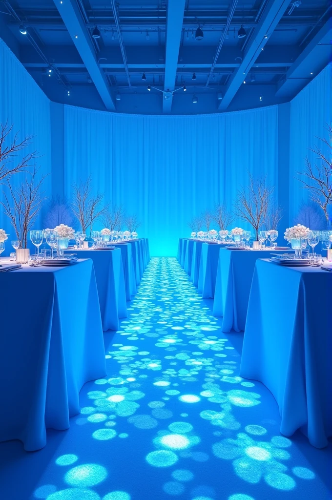 Creative winter themed prom decoration, a blue lit space, with a walkway of blue dots, square tables
