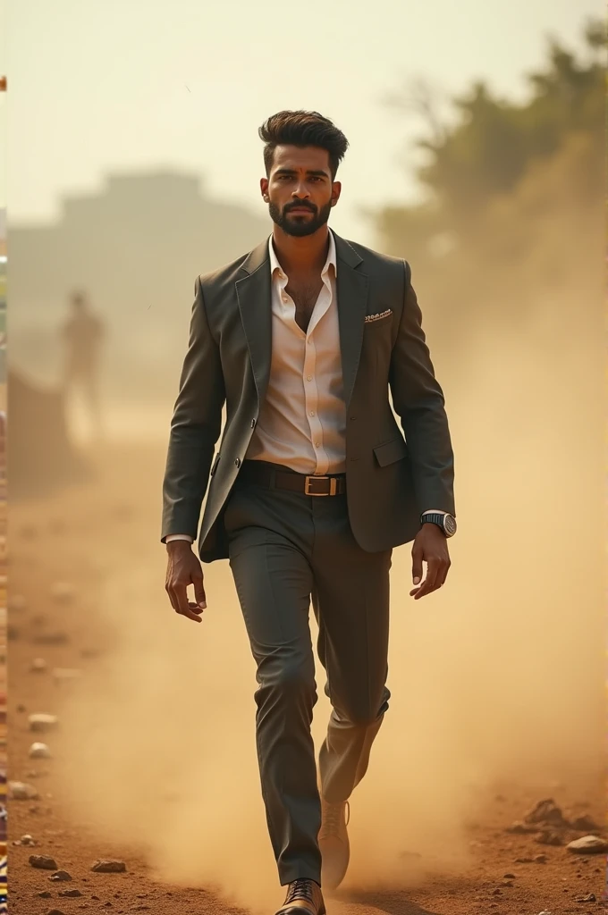 fotorrealist, 8k, RAW Photos, Premium quality,A young Indian man walking, with athletic body, dusty weather due to a storm, wearing a suit, 1987, India