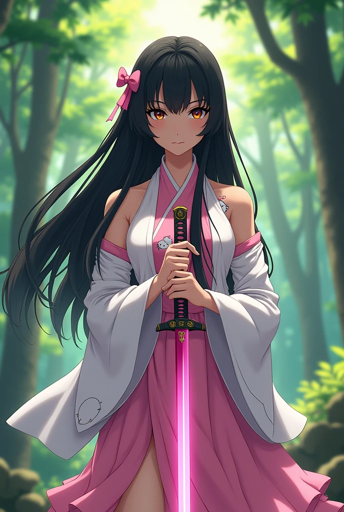 Anime style illustration of a brown skinned woman, long black hair and bangs halfway across the forehead, eyes browns, wearing a white and pink kimono with hello kitty print, holding a pink katana, in a forest alone, 4 k wallpaper, demon slayer style 4k, anime manga style 4k