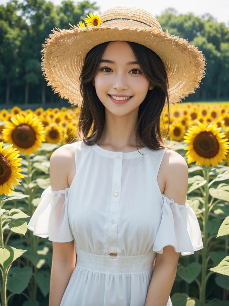 One person, High resolution, smile, chest, Shortcuts,White dress,Sunflower field,Straw hat