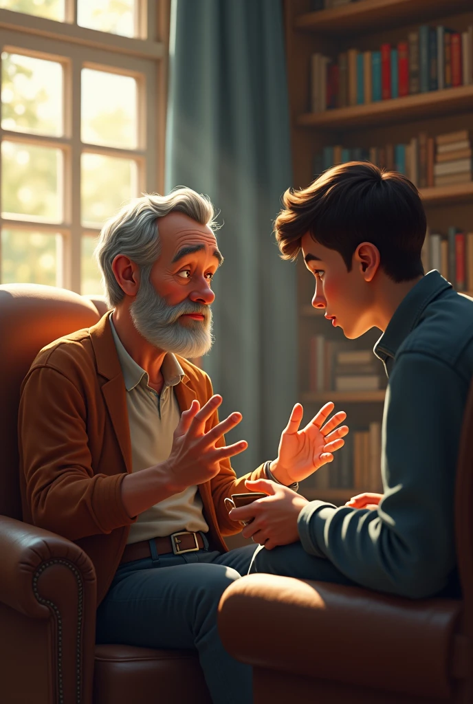 picture of a 44-year-old father telling a story to his 22-year-old son