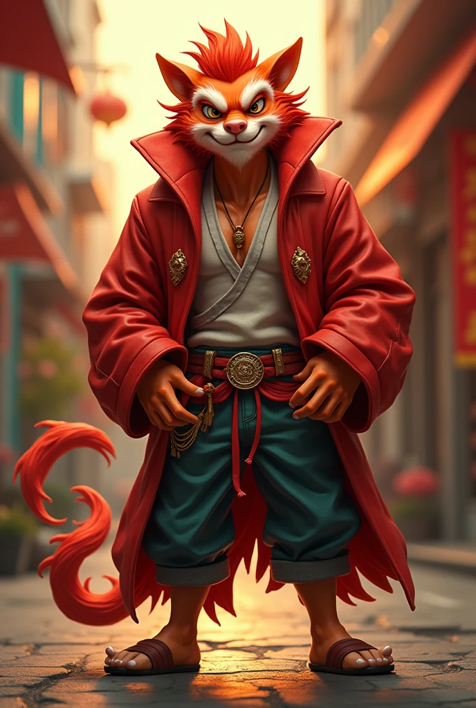 Sun Wukong suit style，Arrogant expression，Unruly，Model figure，Anthropomorphic handsome guy，Three View，Full body character design，High contrast，Trendy urban background，Warm colors，Wide-angle lens，Front light，Dynamic poses，confidence，charm。