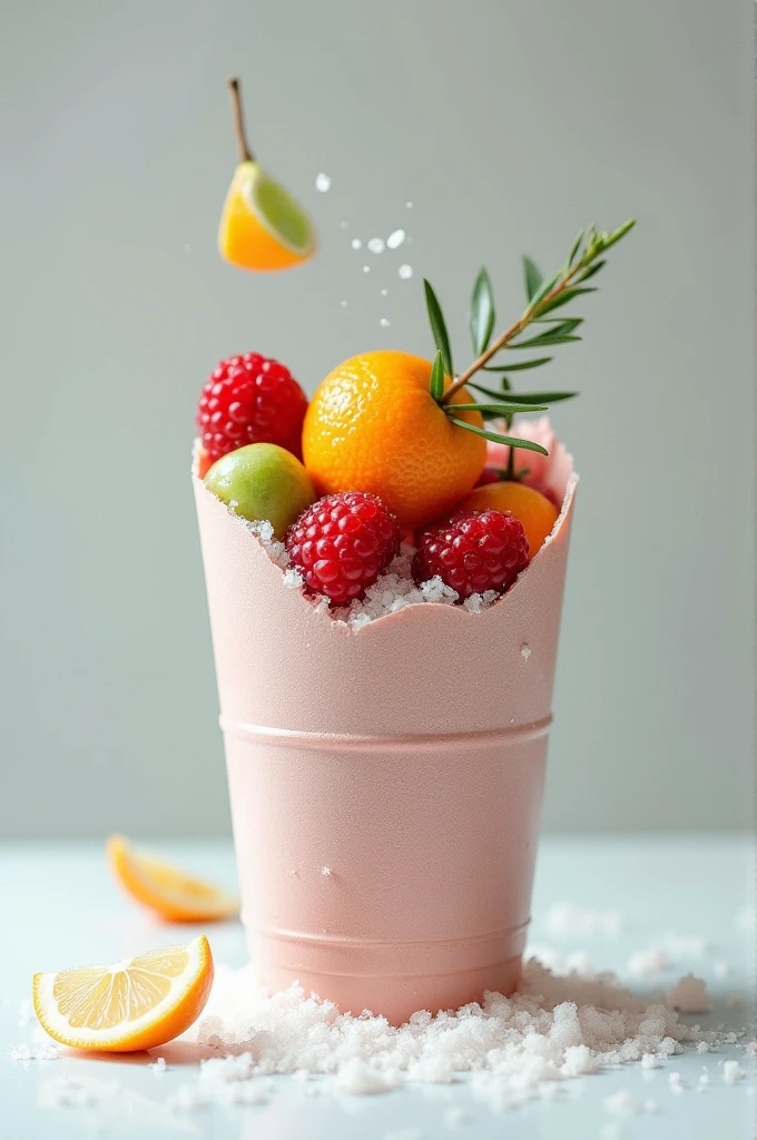 Plastic cup broken in half, salt n fruits of the
