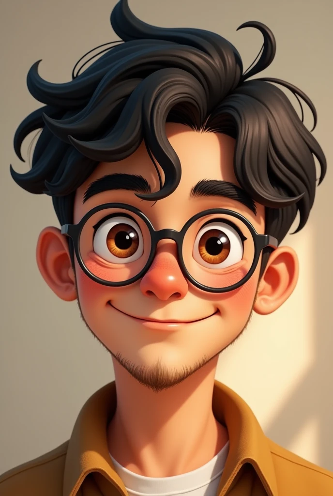 Create an image of a 19-year-old who has defined, somewhat thick, straight eyebrows, that has nice brown eyes that slant when he smiles and that have little wrinkles around the edges of them, have nice eyelashes, that has almost round lenses, have a nice smile, that has somewhat thick lips but not too much, that dimples form, that has facial hair on the chin, not much and only on the chin, that your hair is wavy, between straight and wavy, Let a wavy lock of hair fall over your forehead, has a very small wolf cut, that is of medium build, black hair with brown highlights, He has glasses but he doesn't make his eyes bigger., that he is medium chubby and has a round face, and not so much beard