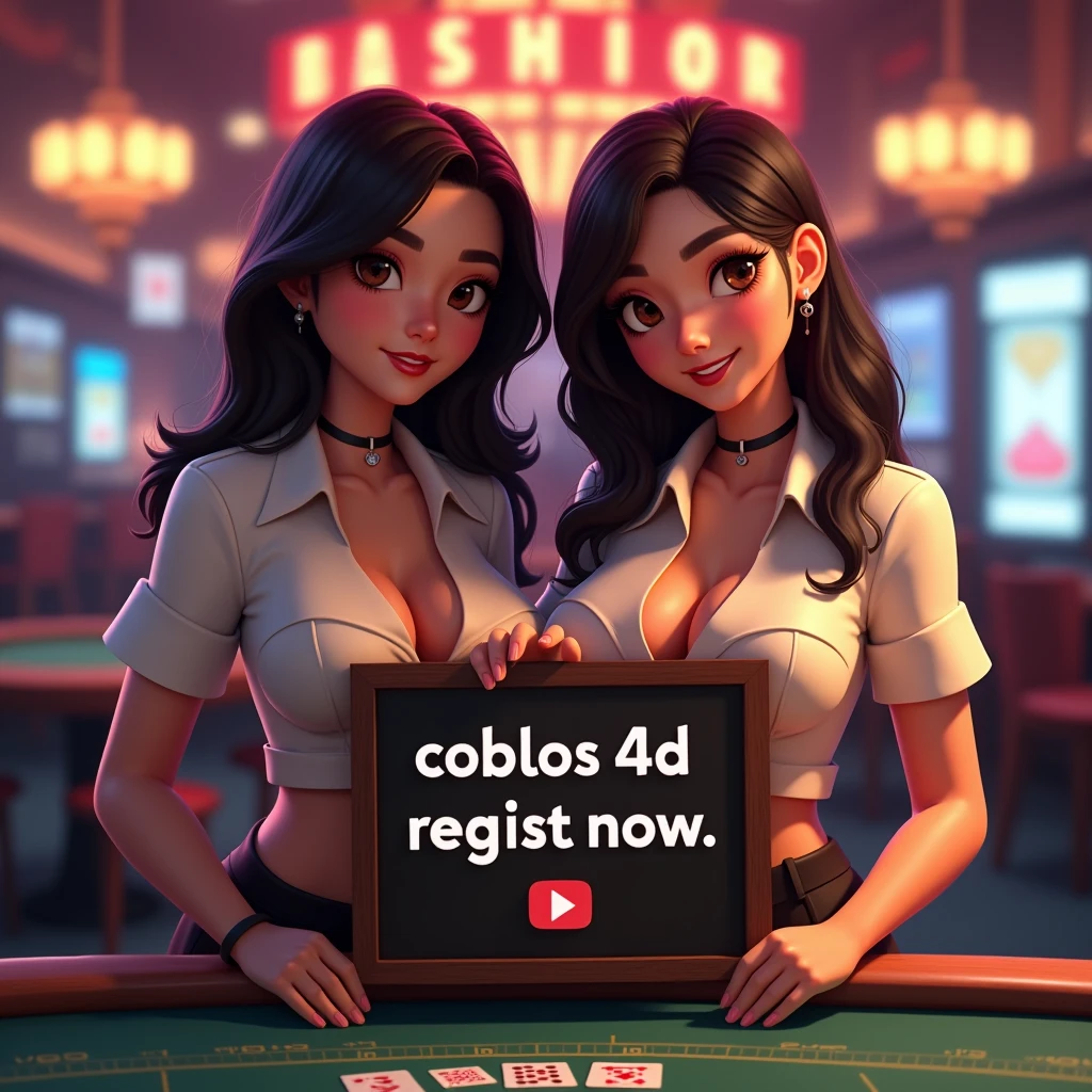 two sexy women wearing high school uniform indonesian holding up a sign "coblos4d regist now", text fit with sign, teasing smile, happy, 3D Render RealCartoon, photorealistic, casino background, big breast, cleavage, standing behind poker table