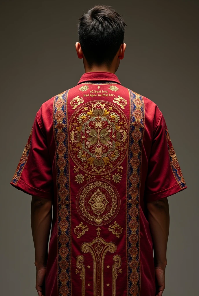 Create a patterned uniform. Must contain the main theme: Sanctuary of God. Highlight the sentence: " The Lord has helped us thus far". Short sleeve wine red shirt.