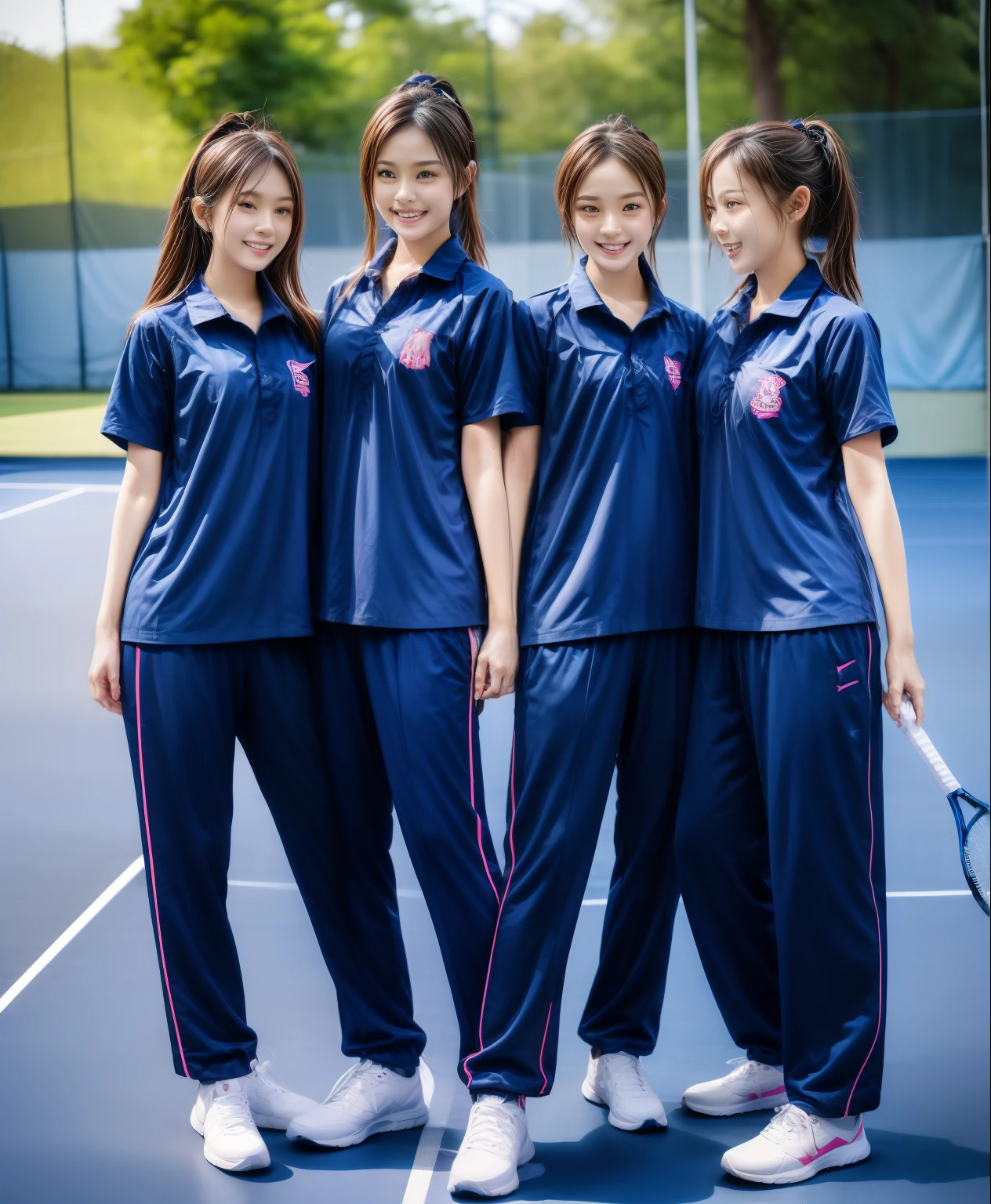 3 girls play tennis at tennis courts, Navy blue short-sleeved shirt,Navy Long Trackpant,Sweatpants, Sweatpantsขายาว,25 year old girl, lesbian, sexy, exercise clothes, wet body, exercise clothes