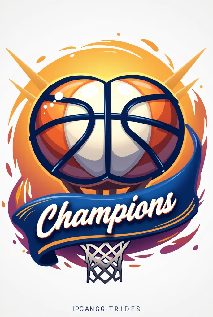 and create a vividly colorful and dynamic INTERETEC logo, with the INTERETEC title, for the winners of the sports tournament. The design should feature a playful, interlocking silhouette of two balls connected by a shared center line, symbolizing the sporty theme. Add a dynamic touch with a swinging basket and a swirling banner with the words. The color palette should be vibrant and cheerful, with a touch of elegance: use shades of gold, white, and blue, with accents of orange or purple for a lively and inviting atmosphere. The design should be original and eye-catching, showcasing the champion's dominance in the sport.