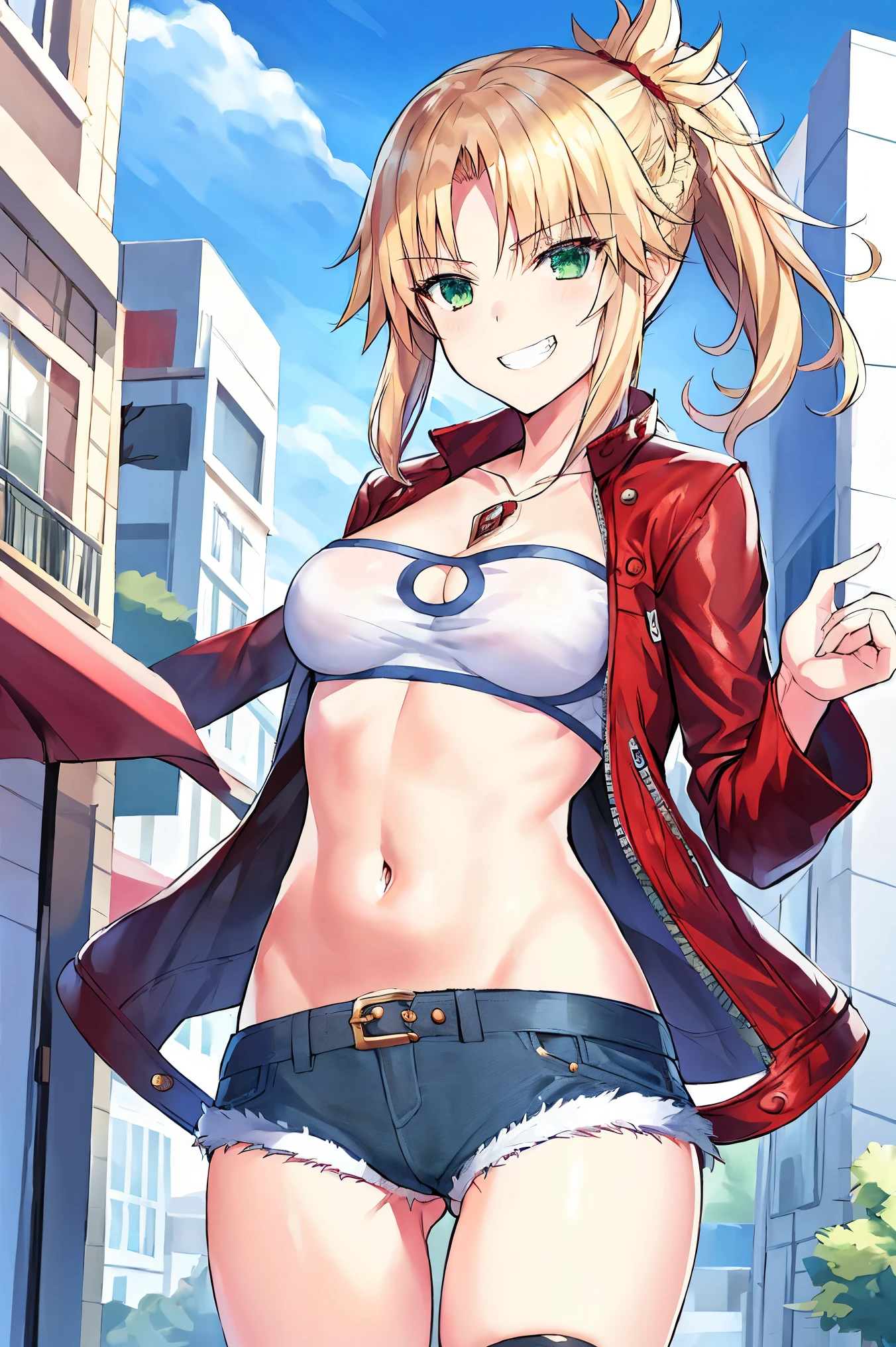 Masterpiece, Best Quality, illustration, city_street_landscape, 1girl, Mordred \(fate\), cowboy shot, collarbone, Detailed blond hair ponytail braid, green eyes, Red leather jacket, White short blouse, denim shorts,navel,thigh-high,grin, covered_pussy,skiny,happy,