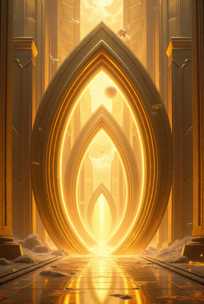 Great golden wall with high gates in the shape of a shining pearl, Golden City behind the Great Wall with lots of light, around the space with planets and angels of light flying, on the pearl-shaped door 2 large angels with sword on each side of the pearl-shaped door