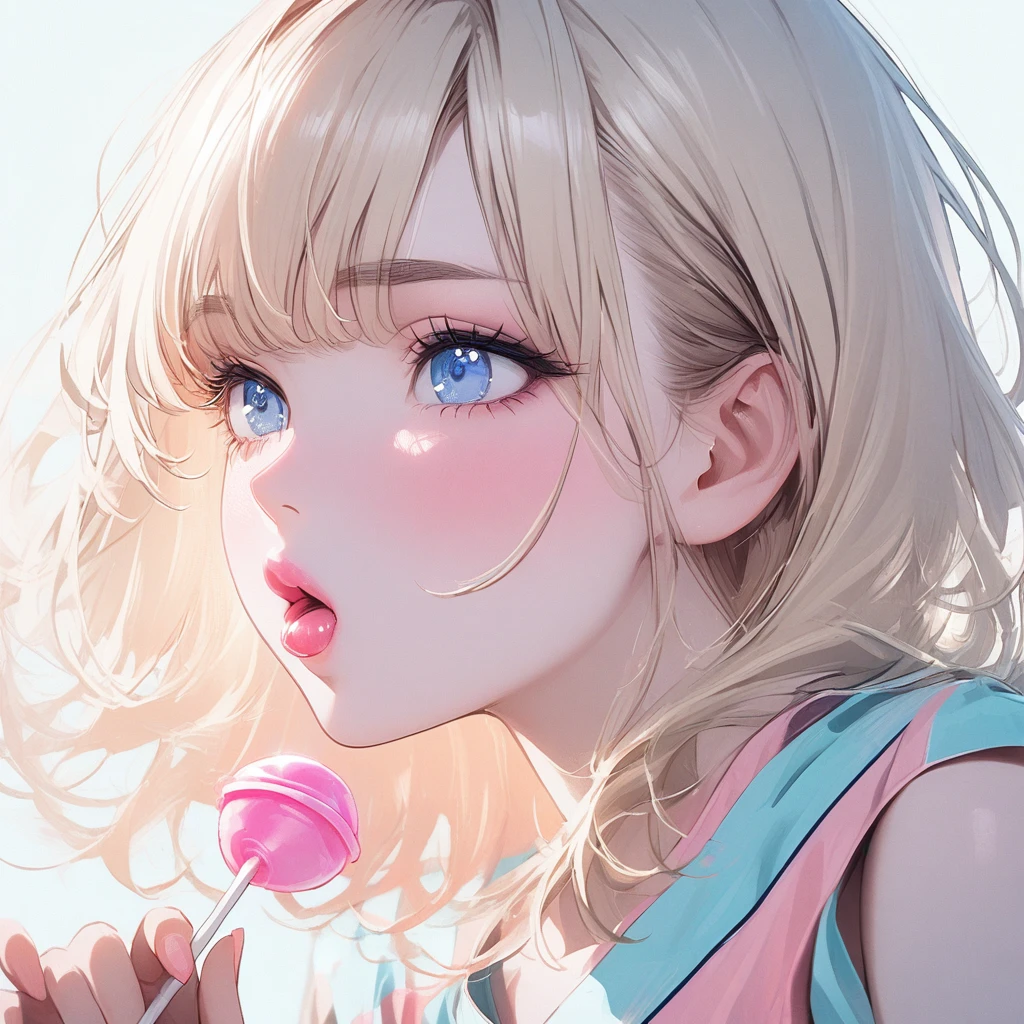 Girl, light blonde hair, blue eyes, beautiful, cheerleader uniform, pastel colors, face close-up, flat, sucking a pink lollipop, lipgloss, brat, holding lollipop, lips, sexy, ethereal, wide mouth, attractive
