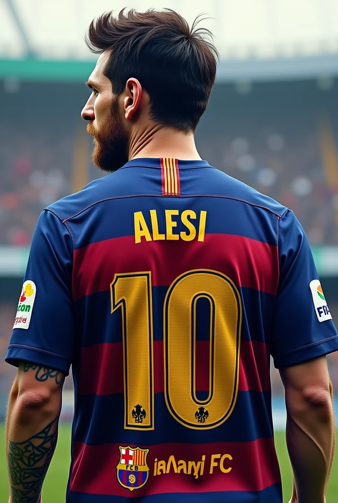 I want Messi's Barca shirt to say Alex and he should be wearing the number 10 and below that INSANE FC number