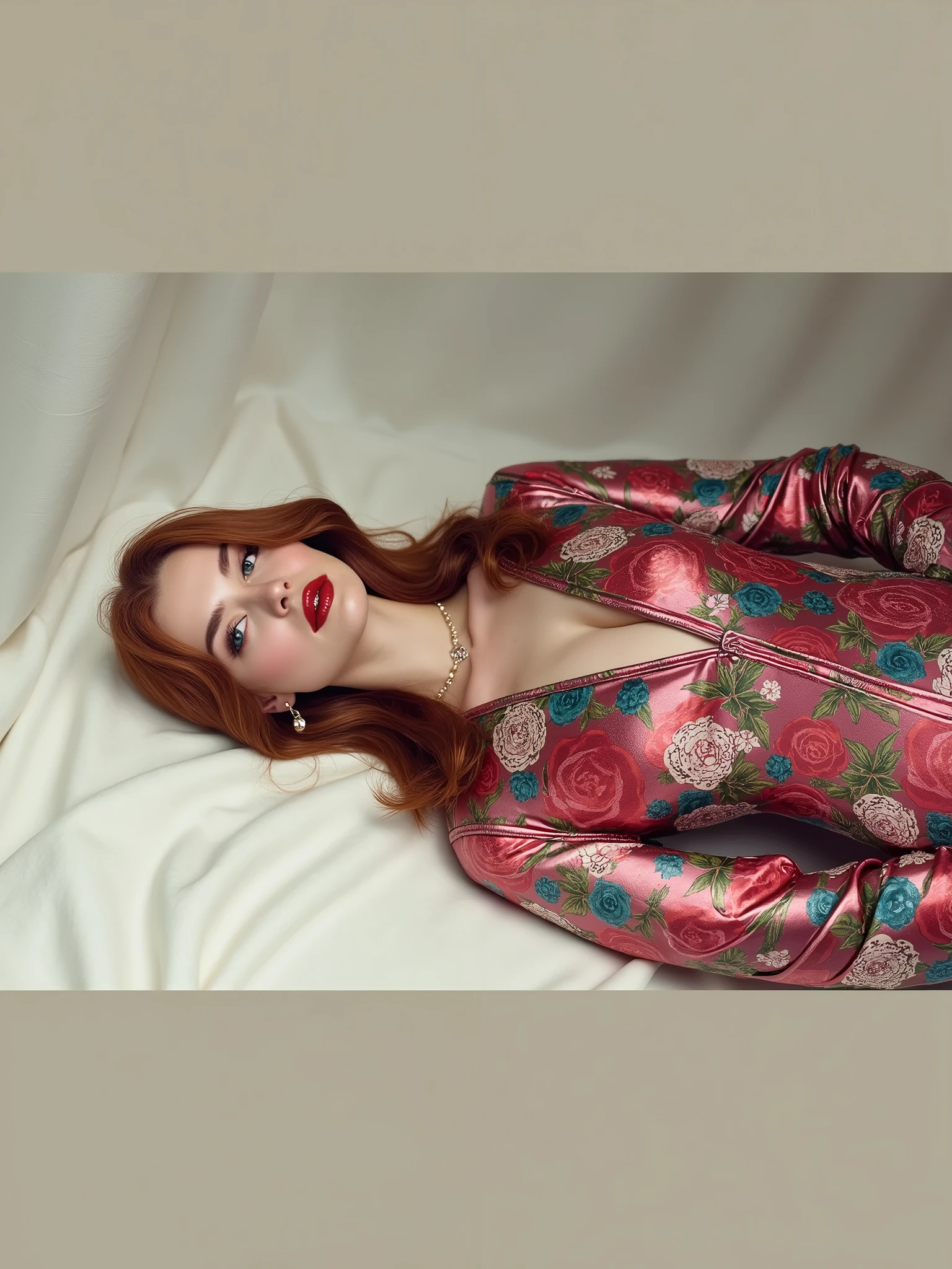 a woman with red hair, hyper-realistic skin, shiny/glossy, modern jewelry, gongbi, portraiture, dark teal and light gold, tropical landscapes, Face portrait photo oF a 21 Year-old German woman, .raw, beautiFul woman, half strawberry lips, strawberry lipstick, Fossettes, big breast, realistic legs, high heels, nostalgic look, detailed light brown eyes, great student, thin eyelashes, (Brown extra long blond hair), ((detailed Face)), ((detailed Facial Features and skin texture)), (Finely detailed skin), light brown skin, (Deep neckline detailing high-tech cyberpunk dress), Cyberpunk big city environment, (cold colors), moist, moist, reFlections, (masterpiece) (height ratio / perfect width) (photo realist) (best quality) (detailed) Shot with Canon EOS R5, ObjectiF 50mm, F/2.8, human development report, (8k) (wallpaper) (light) (Dramatic Light) (sharp focus) (complicated), sharp details, skin detail sharpness,