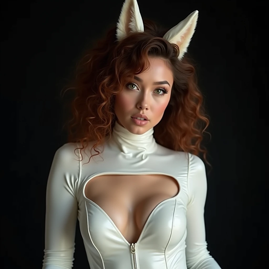 women, 22 years, latex collar on the neck, busty, dressed in a tight white latex suit, Brown hair, curly hair, green eyes, White skin, fox ears, foxtail, in a photo studio, Black background, HD