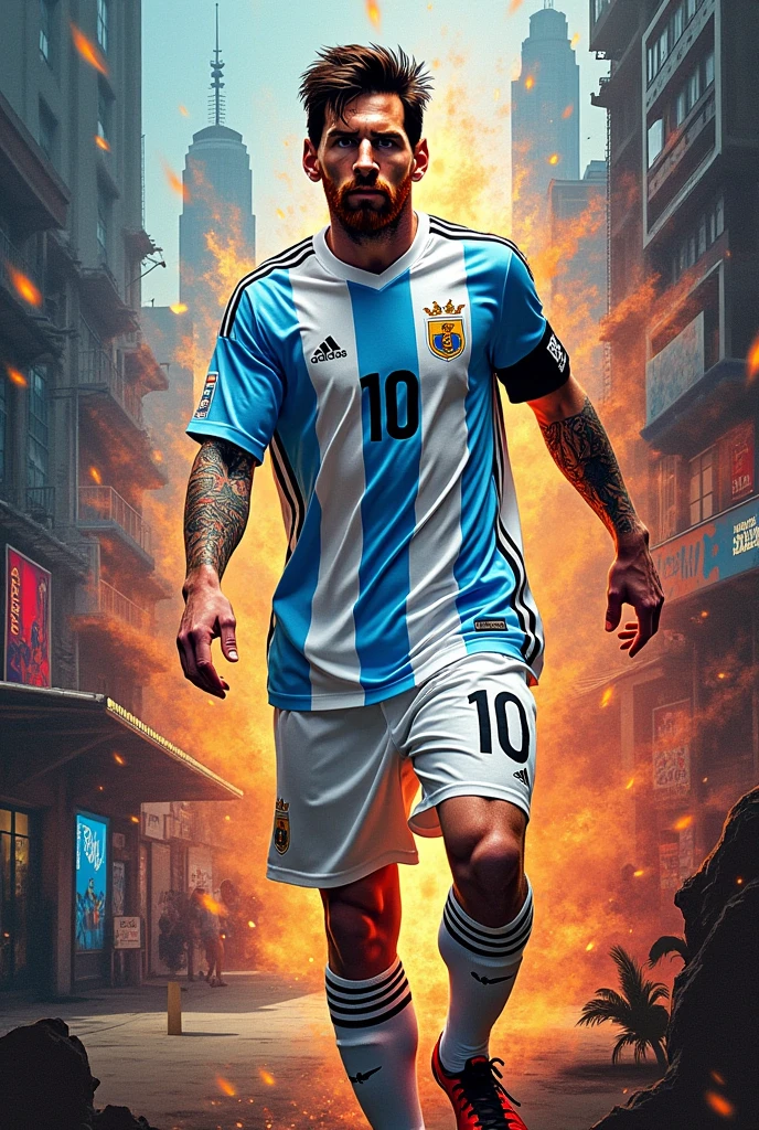 Generates an image of an urban painting of Messi with the number 10 of Argentina and that this is also Dragon Ball Z