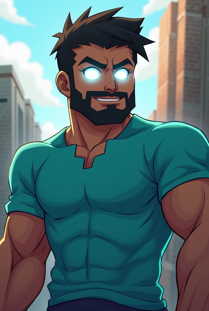 Steve from Minecraft with glowing white eyes dadass , your muscular body , with a light blue anime style shirt, with a shallow beard , and a square body