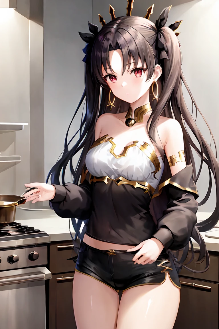 1girl, aaishtar, long hair, two side up, hair ribbon, tiara, parted bangs, hoop earrings, jewelry, bare shoulders, neck ring, black micro shorts, solo, nsfw, perfect hands, standing, anime screencap, looking at the viewer, on kitchen, masterpiece, best quality, vivid colors